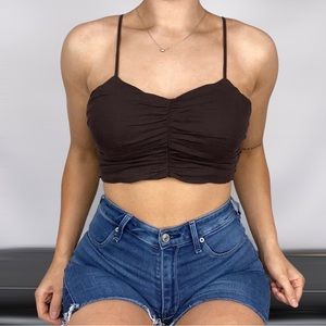 URBAN RENEWAL Linen Front Ruched Smocked Crop Tank Top Brown Size Small